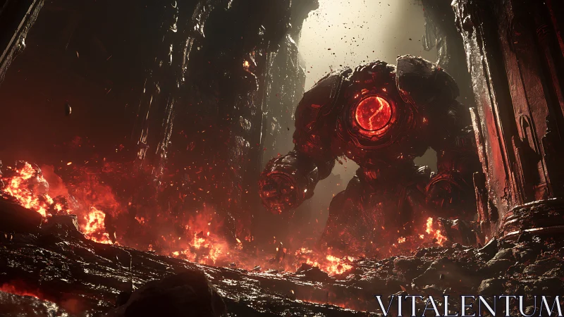 Volcanic war colossus emerging through molten ruin corridor.