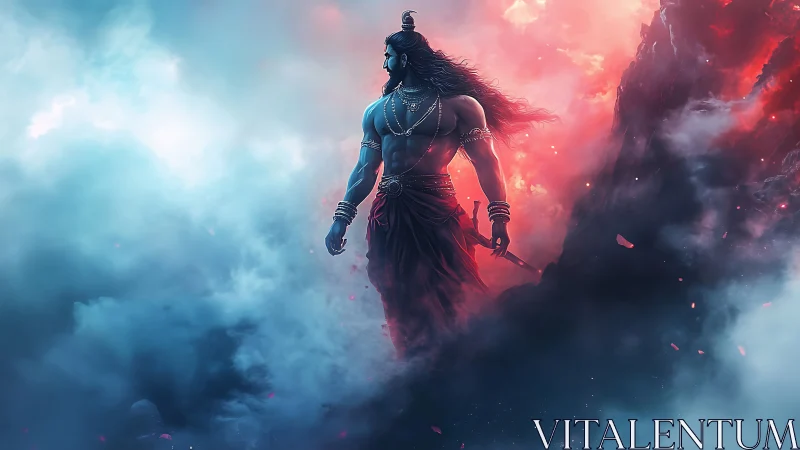 Mythic warrior silhouette in bicolored atmospheric cloudscape