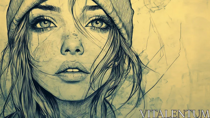 Ink-detailed female portrait with expressive beanie styling.