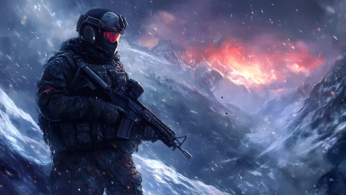 Lone armored soldier steadies his aim in blazing frozen peaks