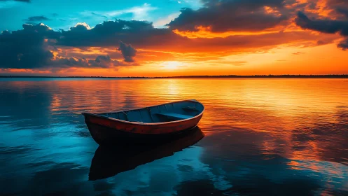 Golden lake sunset welcomes a quiet boat into calm waters