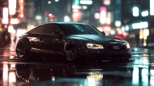 Low-slung black coupe under neon rain with reflective streets.