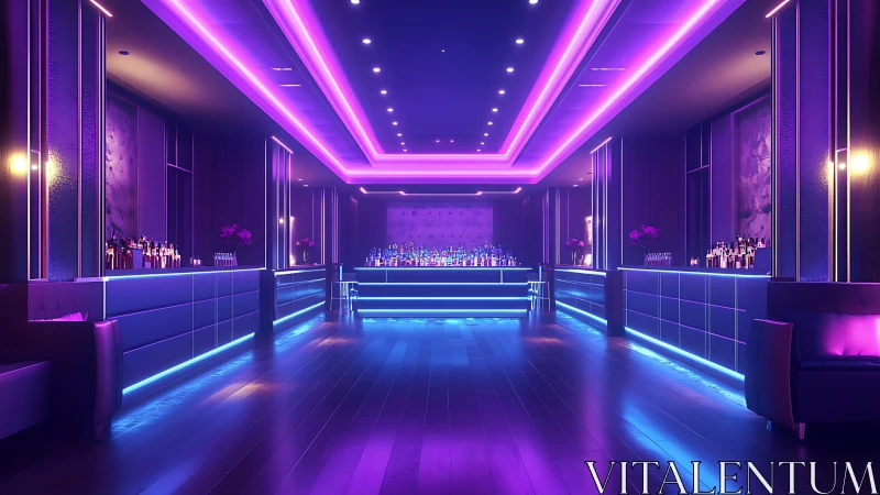 Neon lounge bar glowing with cozy purple and blue light.