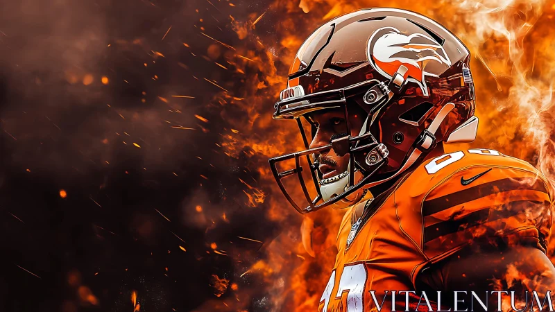 Gridiron inferno warrior strides through swirling flames.