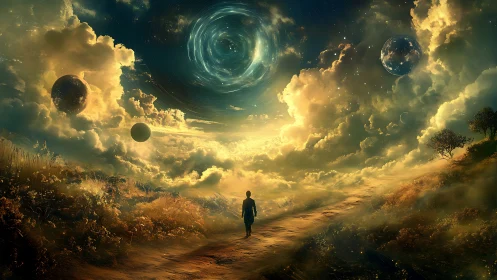 Celestial pathway under swirling cosmic vortex and planets.