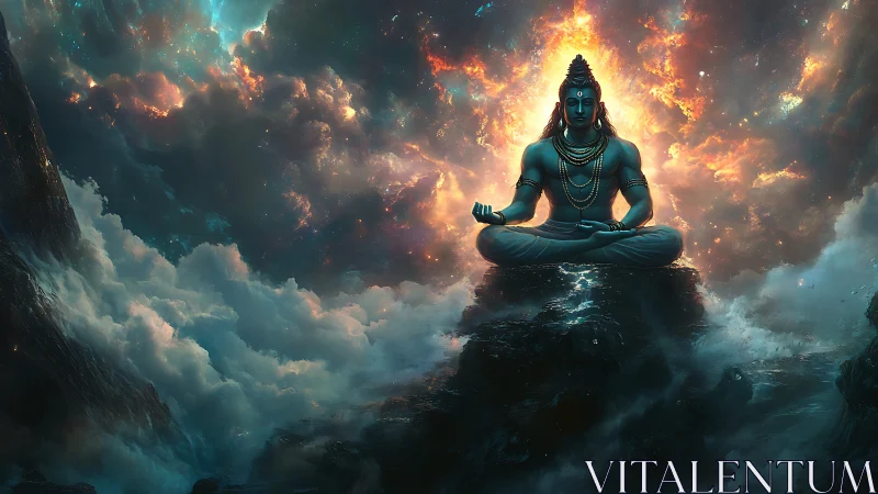 Celestial blue deity meditating above storm lit clouds.