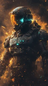 Battle-scarred space marine in volatile ember storm environment.