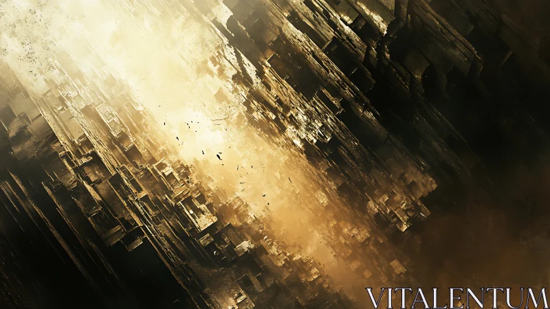 Sunlit ruins drift in a golden storm of dust and shadow