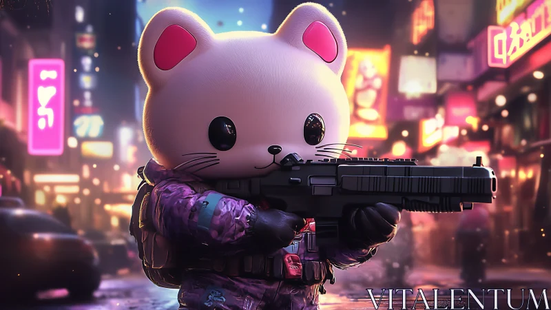 Cute mouse soldier with rifle in neon cyberpunk street.