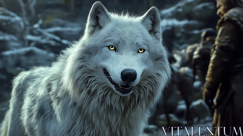 White wolf locks golden gaze in frozen mountain pass.