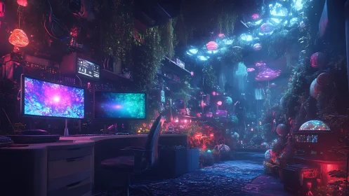 Cyberpunk bioluminescent workstation in neon garden cathedral.