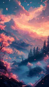 Sunlit cherry blossom valley breathes beneath glowing peaks