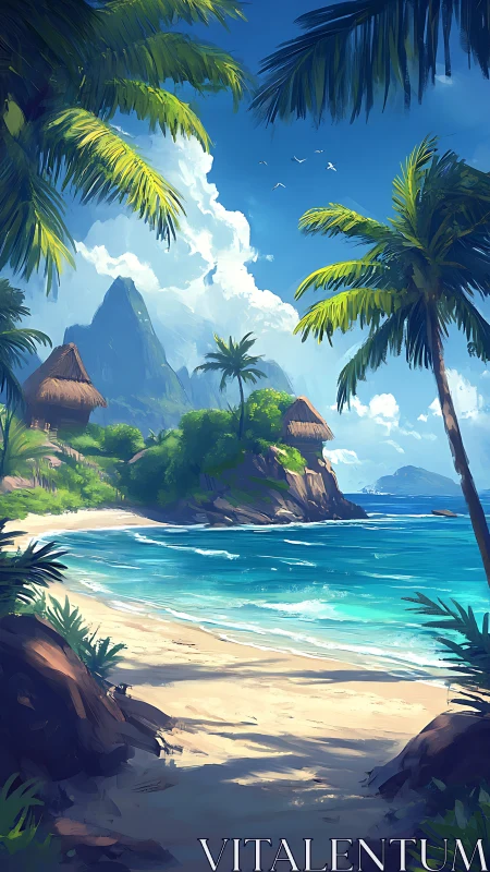 Tropical Paradise Beach with Thatched Huts and Mountain.