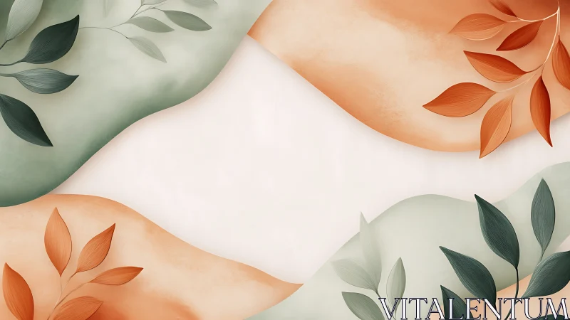 Minimal botanical waves with pastel green and terracotta leaves.