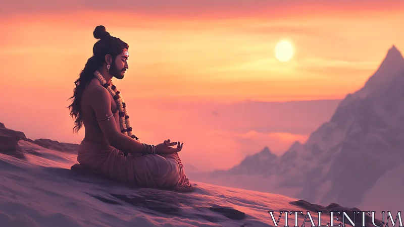 Soft sunrise cradles a serene monk in mountain meditation