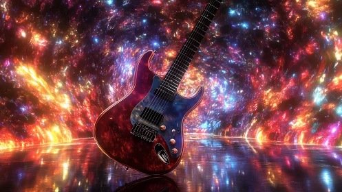 Electric guitar floating in vivid cosmic light tunnel.