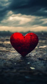 Red Heart Form on Ground Against Clouded Sky.