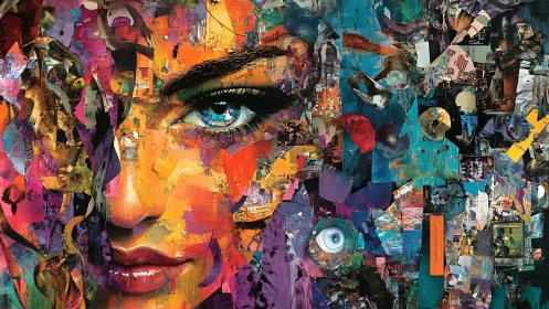Fragmented female portrait in multicolored abstract collage.