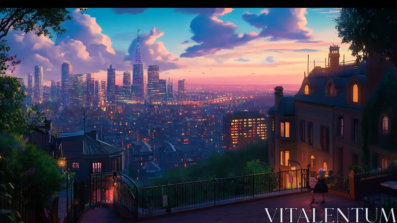 Sunset cityscape from hillside terrace with lone viewer.