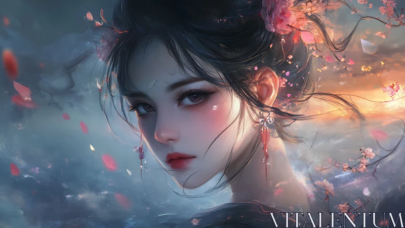 Digital portrait of woman with floral elements in twilight.