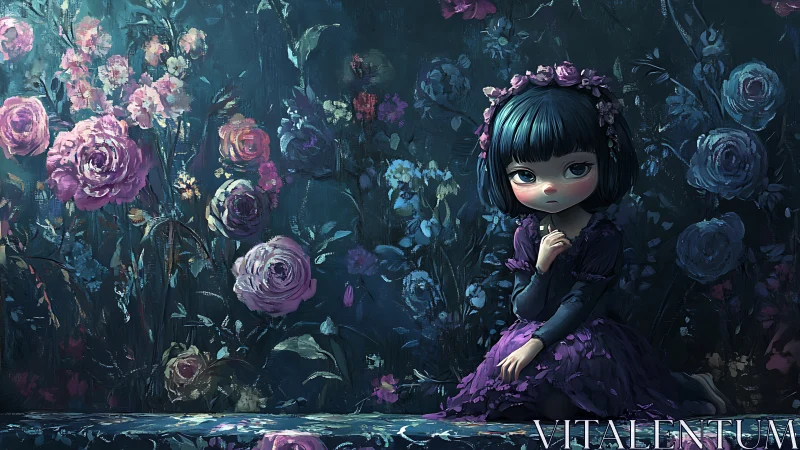 Melancholic blue haired girl seated in dark floral room.