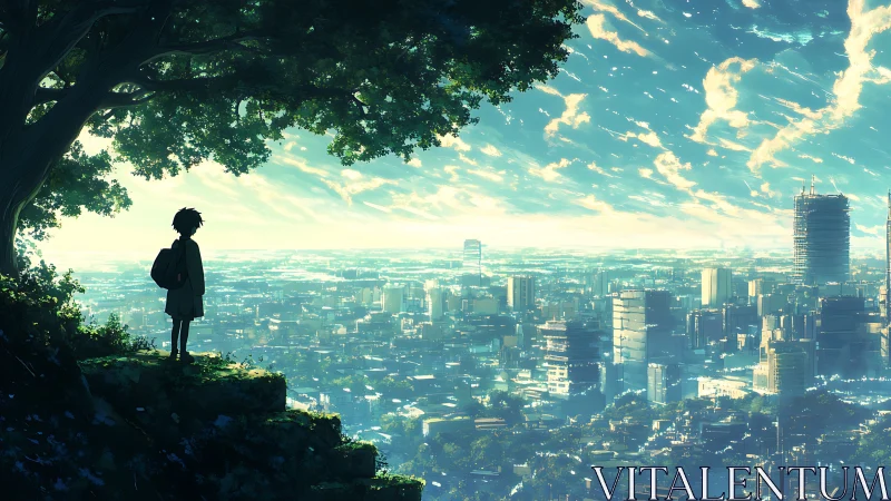 Solitary youth overlooking sunlit futuristic city panorama