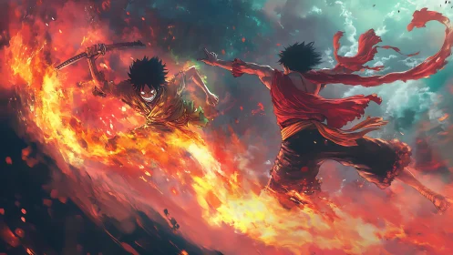 Twin fireborn warriors carve a blazing rift through sky