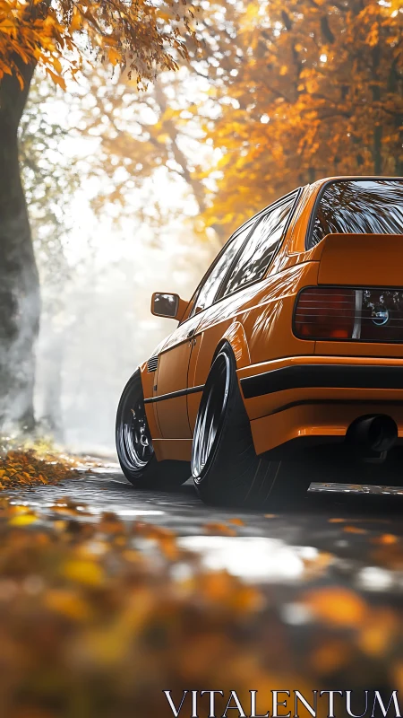 Classic orange coupe cruising through a dreamy autumn lane.
