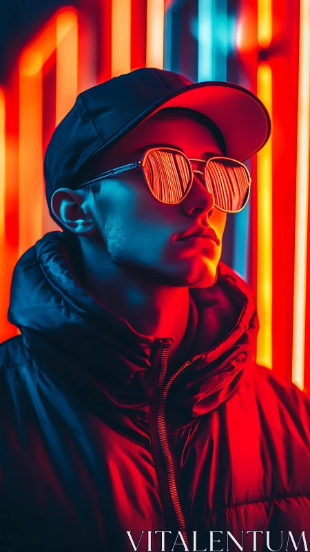 Neon soaked city glow frames a calm young man in shades