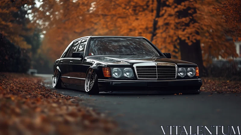 Low-slung classic sedan prowls through copperleaf autumn hush