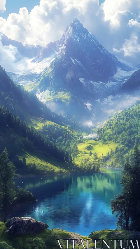 Snowcapped peak above luminous alpine lake in soft haze.