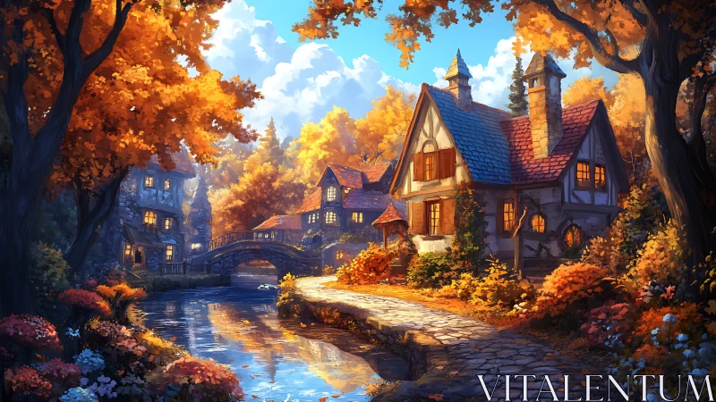 Digital painting of autumn riverside cottages and stone bridge.