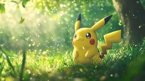 Sunlit forest moment with Pikachu in gentle green glow.