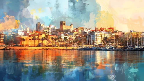 Harbor city skyline glows over calm reflective waterfront