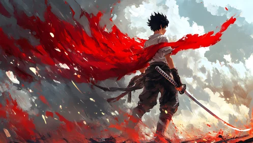 Solitary swordsman with red cloak in abstract sky field.