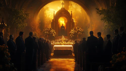 Golden requiem under stained glass skies of farewell.