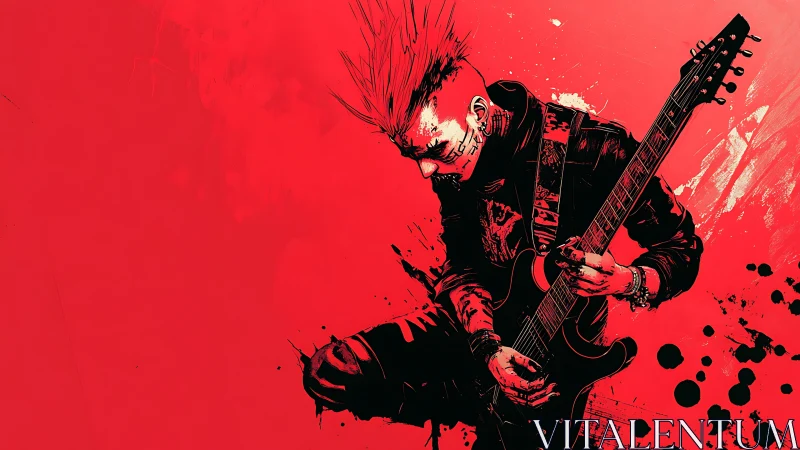 Cyberpunk guitarist slashes power chords against red void