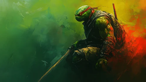 Dynamic turtle warrior rendered with textured brushwork and motion blur