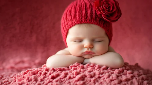 Sleeping newborn in crimson knit cap adorned with fabric rose.