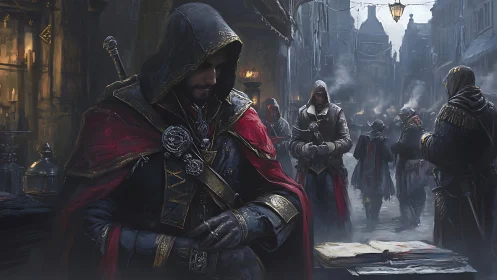 Hooded medieval assassin guild in foggy cobblestone alleyway