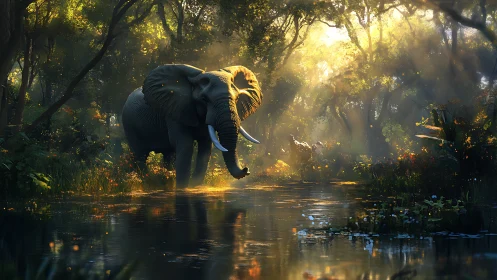 African elephant standing in shallow forest river at dawn.