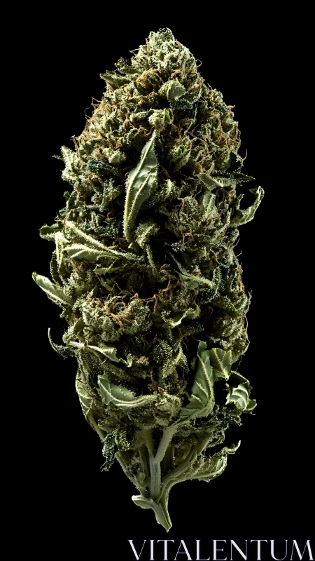 Single cannabis bud macro against solid black background.