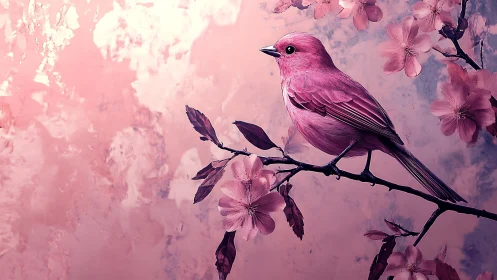 Pink songbird rests on cherry blossoms in soft light.