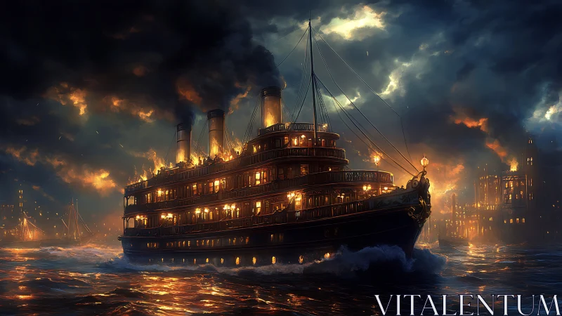 Stormy night steamboat sails through glowing city flames