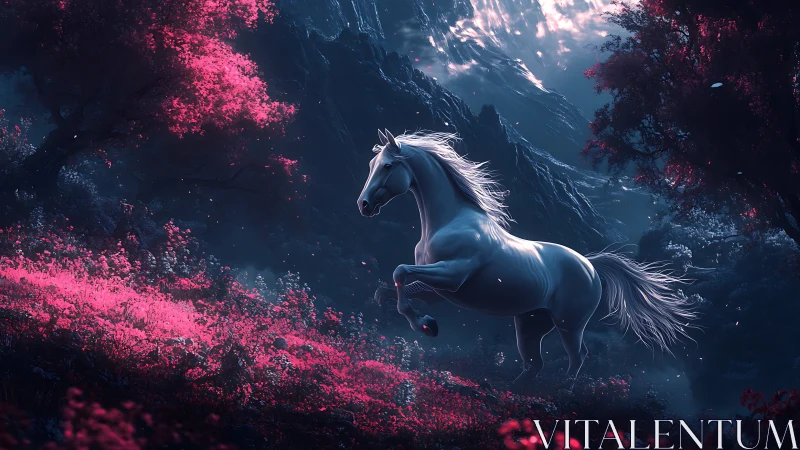 White stallion charges through luminous pink forest dusk.