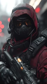 Tactical operator in red hooded armor with respirator and carbine