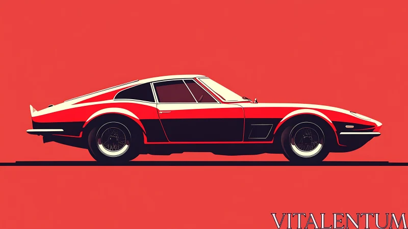Retro sports coupe profile on bold red minimalist backdrop.