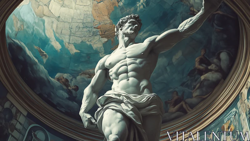 Majestic marble hero reaching toward a painted heavenscape.
