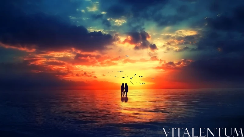 Couple Silhouetted Against Golden Ocean Sunset Sky
