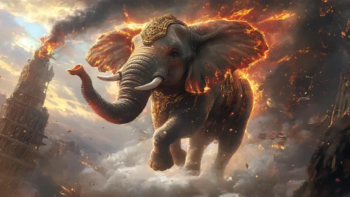 Majestic firelit elephant strides through a storm of embers.